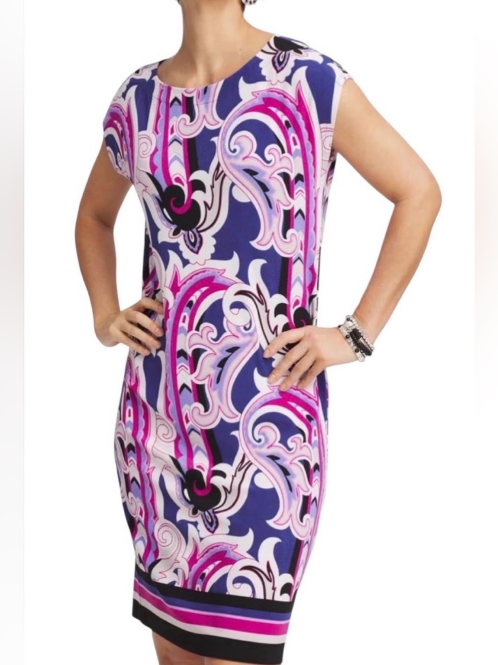 Chico’s Travelers Paisley Cap Sleeve Dress Purple Clover Print Women’s Size S